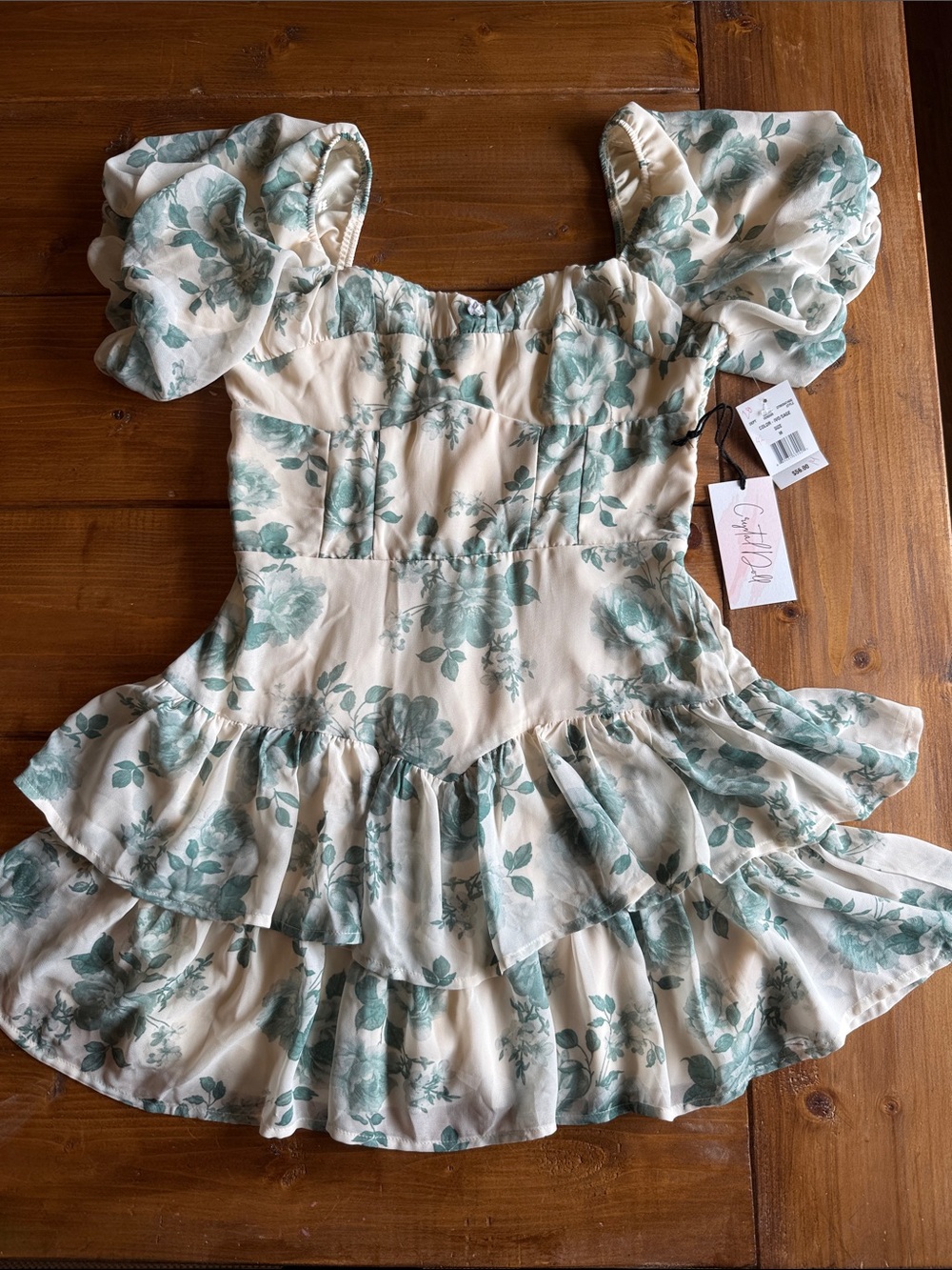 Crystal Doll Cream Mini Dress with Green Floral Print